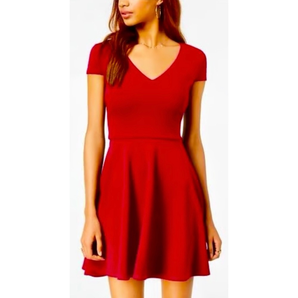 B. Darlin Red Dress V Neck Fit & Flare Short‎ Sleeve Bow Back Mini Party small